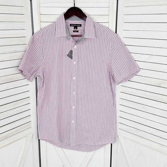Michael Kors Seersucker Stripe Button Up Shirt Red White Blue Small Short Sleeve - Picture 1 of 11